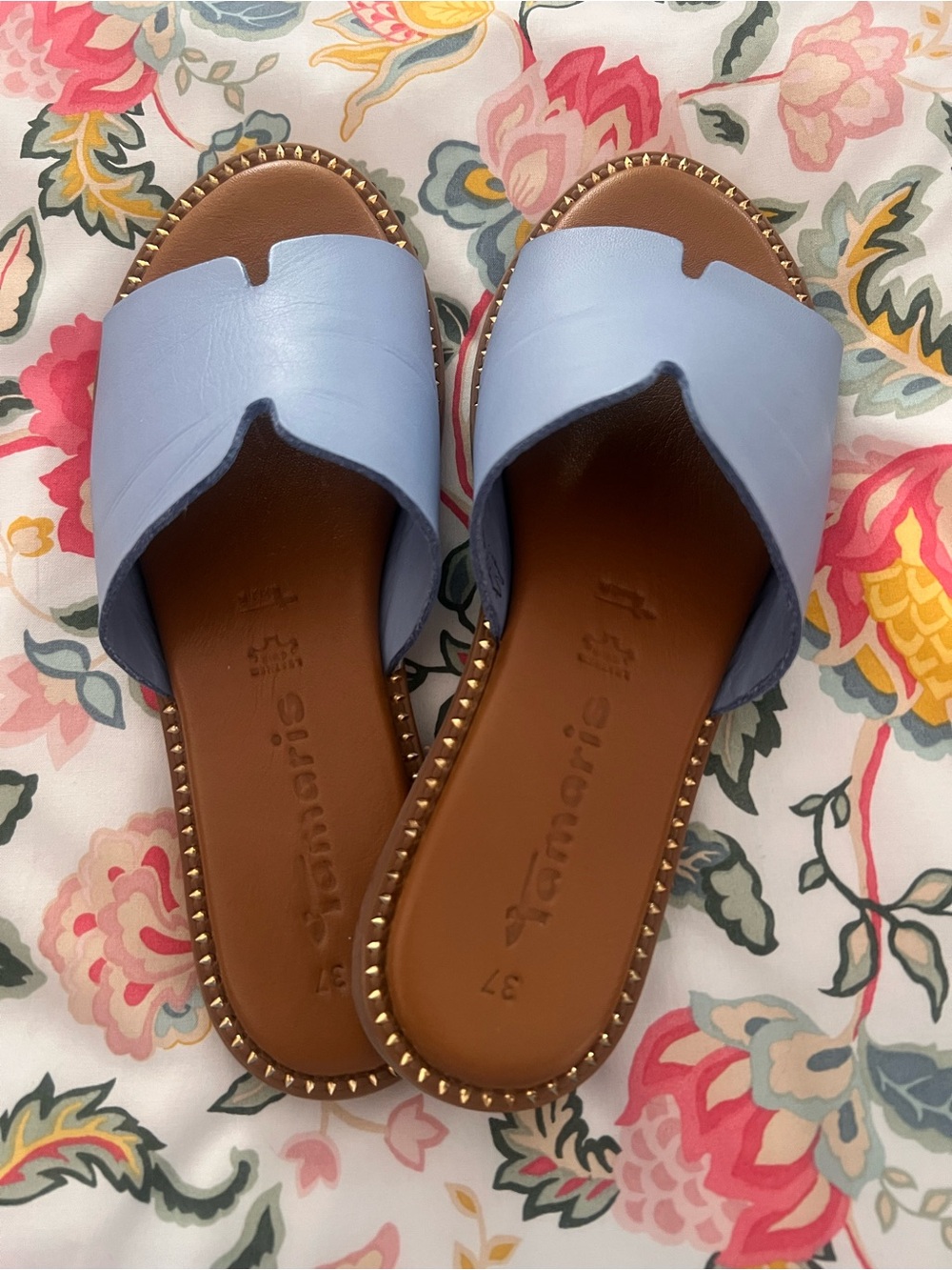 Tamaris Light Blue Leather Slip-On Stud-Trim Mules
